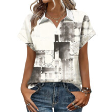 Women's V-neck short-sleeved shirt, casual positional-Gray M