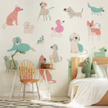 (Medium (3m X 2.4m)) Happy Dogs Wall Mural - Pink
