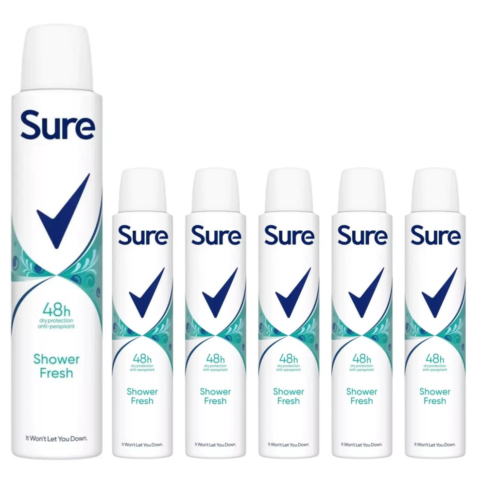 Sure 6 X 200Ml Shower Fresh 48H Anti-Perspirant Ladies Deodorant Spray