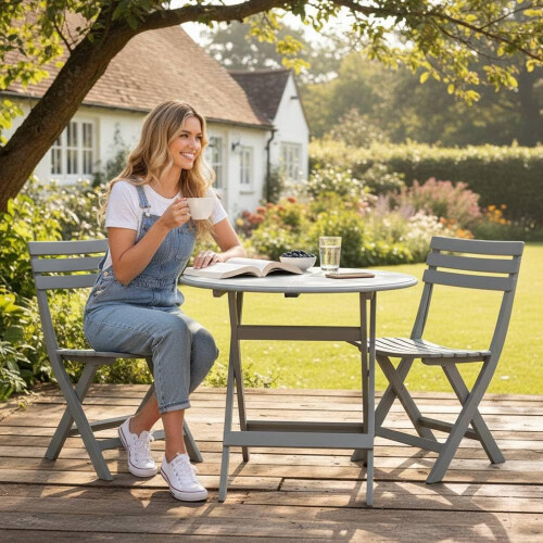 Alivio 3-Piece Folding Bistro Set Space Saving Patio Table & 2 Chairs (Grey) 1