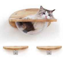FUKUMARU Cat Wall Furniture Set, Rubber Wood, Transparent Capsule Cat Wall Shelves with 2 PCS Pedals - Premium Kitty Bed for Sleeping, Playing, Climbi