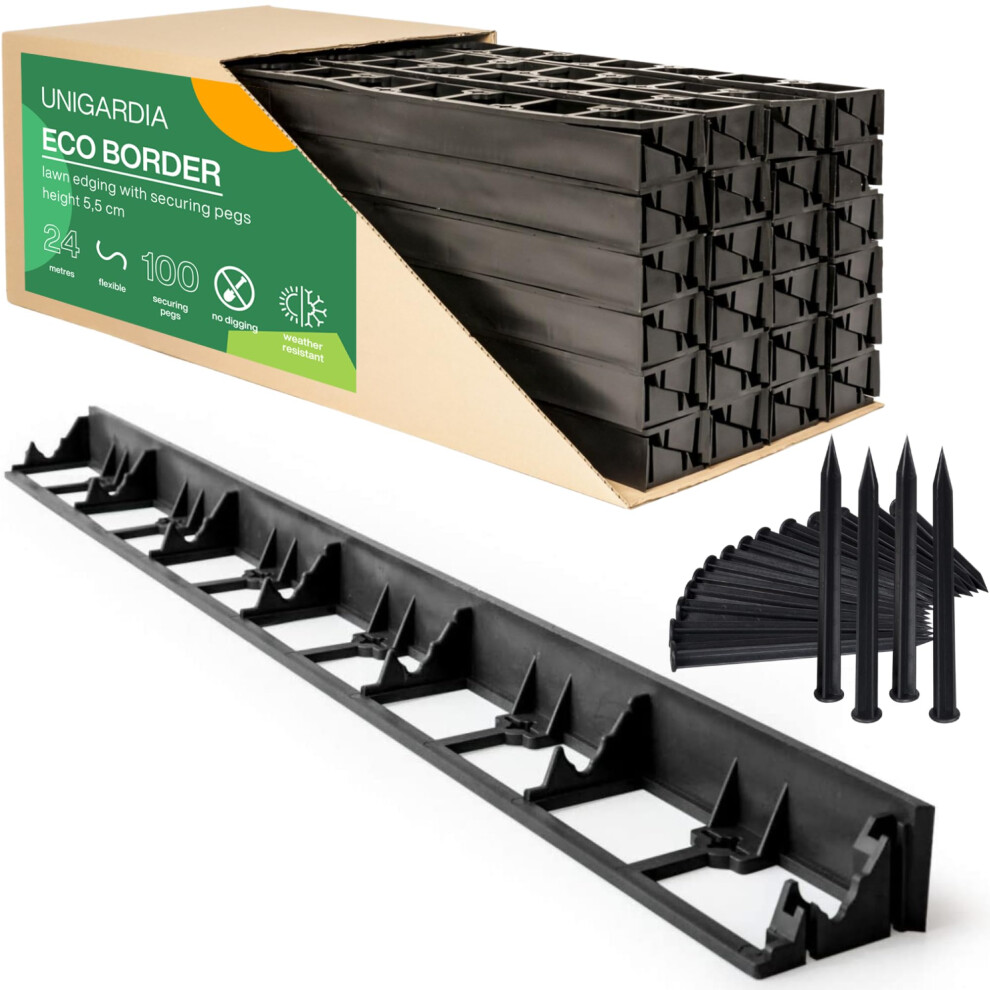 Flexible Lawn Edging 24 M - Invisible Plastic Garden Edge With 100 Securing Pegs - Easy To Use, Weather Resistant - Grass, Flowerbed & Path Border Edg 8594208871484