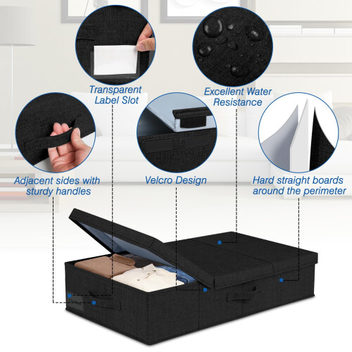 JUPELI Under Bed Storage Box with Lid, 2 Pack Large Underbed Storage Boxes, Foldable Black Under Bed Clothes Storage Box W/Handle, Under Bed Storage O 2