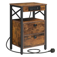 HOOBRO Wooden Bedside Table with Charging Station, X-shaped Side Table with 2 Wooden Drawers, Nightstand with 2 USB Ports and 2 AC Outlets, 38 x 28 x