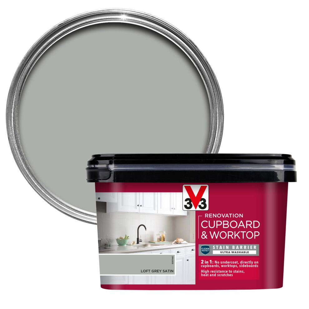 V33 Renovation Cupboard & Worktop Paint - No Undercoat Needed - High Resistance To Water Stains & Scratches - Ultra Washable - Loft Grey Satin 2L 3877897539053