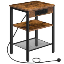 HOOBRO Side Table with Charging Station, Narrow Bedside Table with 2 Sockets and 2 USB Ports, 3-Tier Nightstand with Adjustable Shelf, Slim Sofa Table