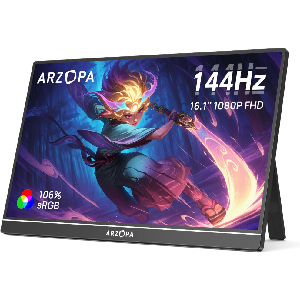 Arzopa 16.1'' 144Hz Portable Monitor With Kickstand, 106% Srgb 19201080P Fhd Hdr 144Hz Gaming Monitor, Ultra Slim - Eye Protection-External Seco 8670321935279