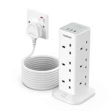 Tower Extension Lead 5M with 3 USB Slots, TESSAN 12 Way Multi Plug Extension Sockets with Long Cable, Surge Protected Power Strip with Switch for Hom