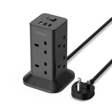 TESSAN Tower Black Extension Lead with 2 USB C Slots, 8 Way Multi Plug Extension Socket 2M Cable, Surge Protected Power Strip with Switch for Home, Sc