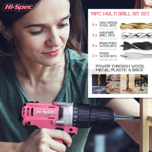 Hi-Spec 81pc Pink 18V Cordless Power Drill Driver Kit for DIY Projects 1
