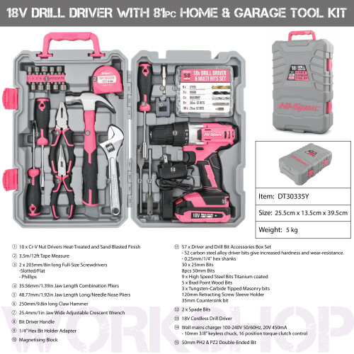 Hi-Spec 81pc Pink 18V Cordless Power Drill Driver Kit for DIY Projects 2