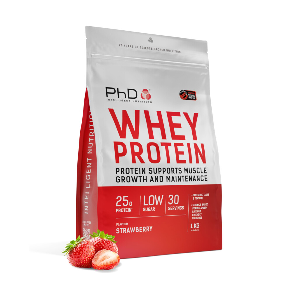Phd Whey Protein Powder - High Protein Shake With Bacillus Coagulans - Supports Muscle Growth And Maintenance - Strawberry - 1Kg