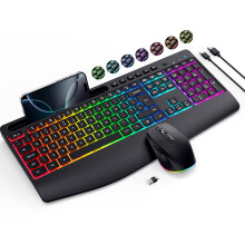 Wireless Keyboard and Mouse Set 9 RGB Backlit Effects, Wrist Rest, 2.4G Rechargeable Ergonomic Keyboard with Phone Holder, Silent Keyboard Mouse