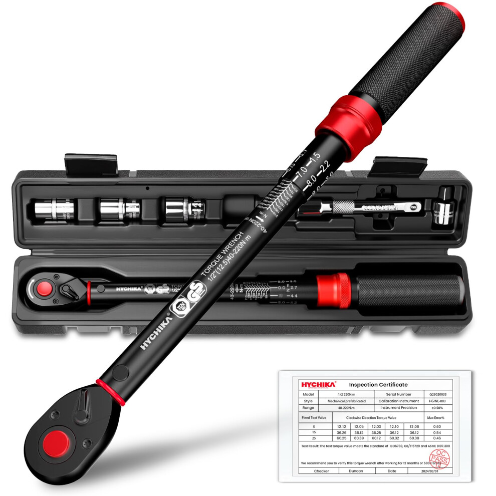 Hychika 1/2" Drive Click Torque Wrench 40-220 Nm, 2% Accuracy, Dual-Direction 72-Tooth, With 3/8" Adapter 5051226614491