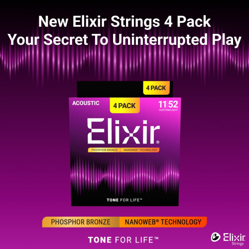Elixir Strings Phosphor Bronze Acoustic Guitar Strings with NANOWEB Technology, Custom Light (.011-.052) - Amazon Exclusive 4 Pack 1