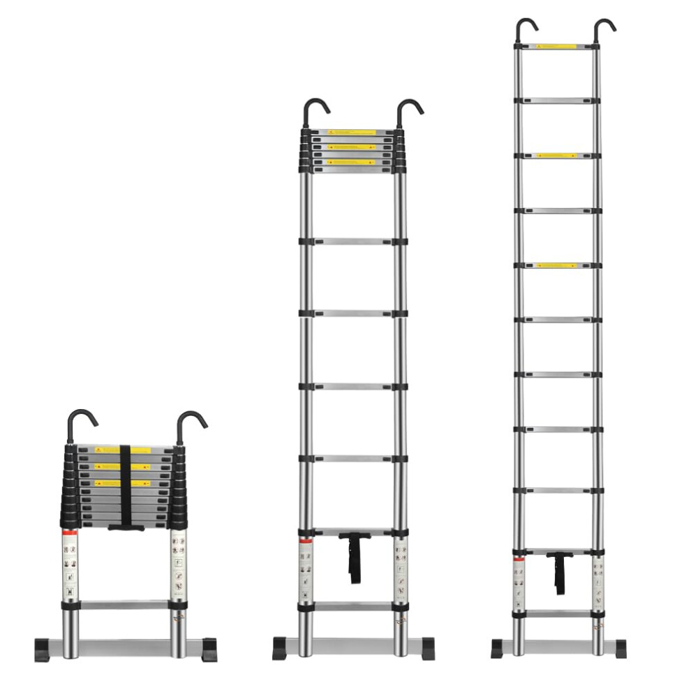 Multibao Telescopic Ladder 3.2M 10.5Ft Aluminium Extension Loft Ladder With Stabilizer Bar And Detachable Hooks 5051226643644