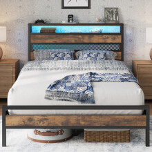 IRONCK 4ft Small Double Bed Frame with Storage Headboard and Charging Station/LED Lights, Metal Platform Bed Frame Small Double, Reinforced Strong Sup