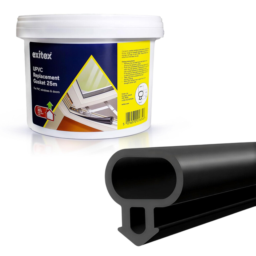 Exitex 25M Black Upvc Push Fit Replacement Gasket Seal For Doors & Windows Â Energy Saving Draught Excluder Weather Seal 5002882872862