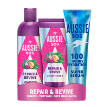 Aussie SOS Repair & Revive Shampoo & Conditioner set + Super Serum Leave-In Treatment (300/200/160ml). Hydrate, Smooth & Protect Dry, Damaged Hair. Co