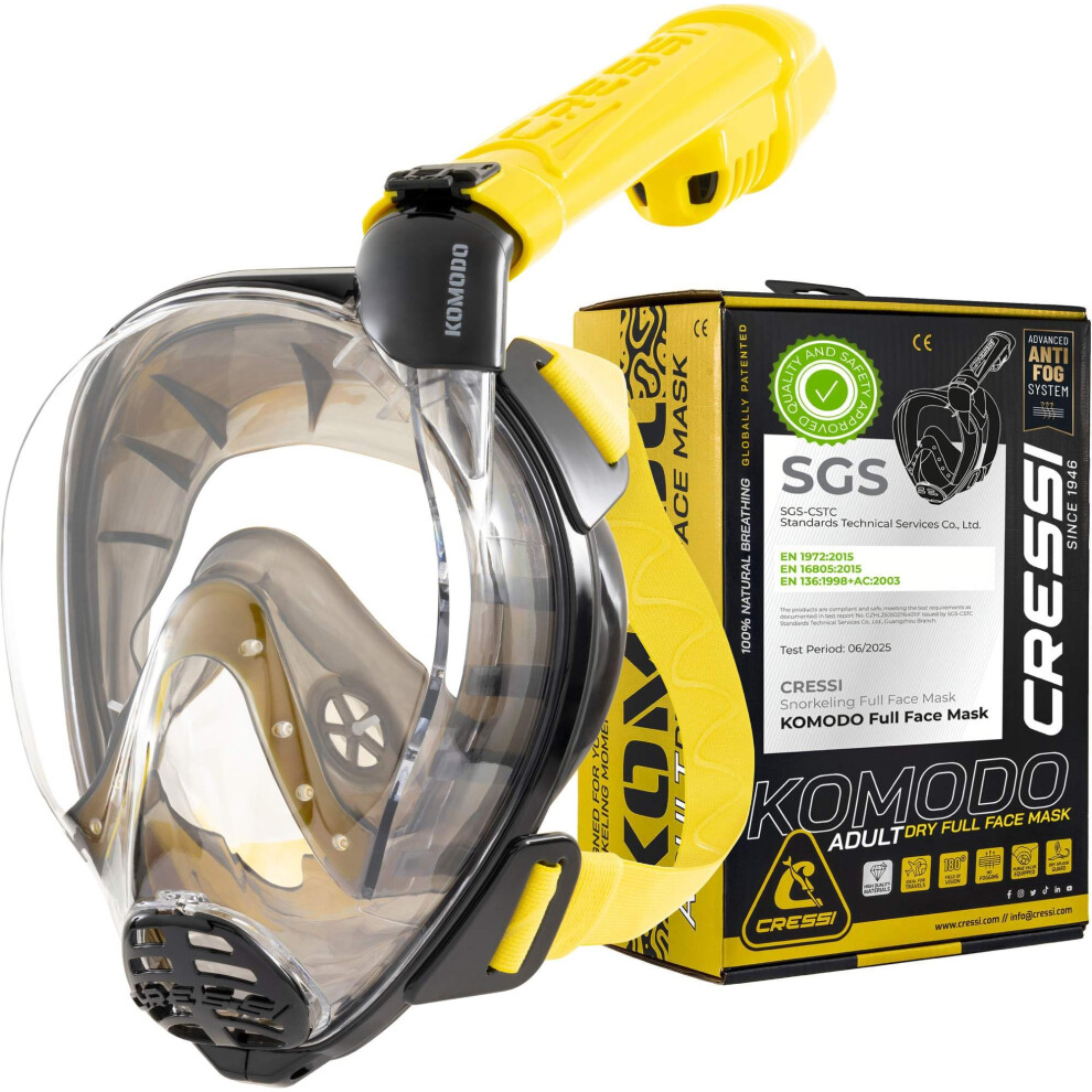 Cressi Since 1946 - Komodo Full Face Dry Snorkelling Mask 180 Vision - Co2 Safe - 100% Anti Fog Silicone - Side Snorkel - Adjustable Elastic Straps