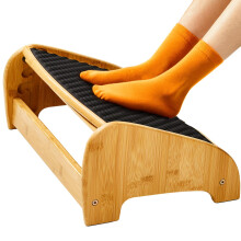 HUANUO Bamboo Under Desk Footrest, Ergonomic Foot Rest with 4 Height Options & Adjustable Angles, Pebble Massage Surface, Non-Slip Foot Rest Under Des