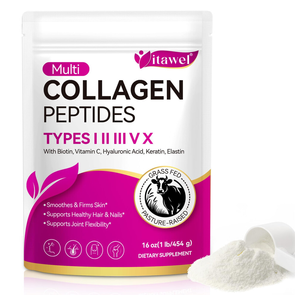 Rkprouc Collagen Peptide Powder,16 Oz (41 Servings)-Hydrolyzed Collagen, Hyaluronic Acid Power,Grass Fed Collagen Supplements For Women And Men, Non Gmo