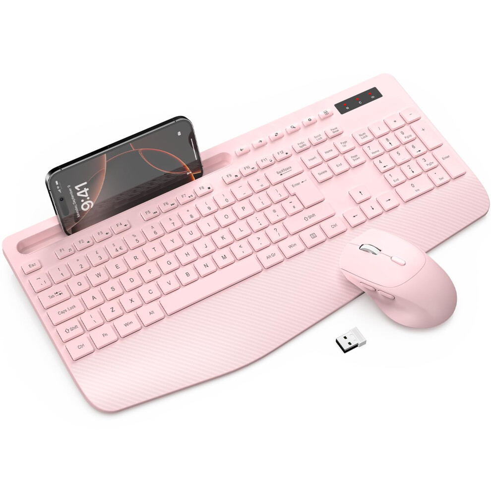 Wireless Keyboard And Mouse Combo, Full-Size Ergonomic Keyboard With Wrist Rest, Phone Holder, Sleep Mode, Silent 2.4Ghz Cordless Set For Computer, L 5005327075699