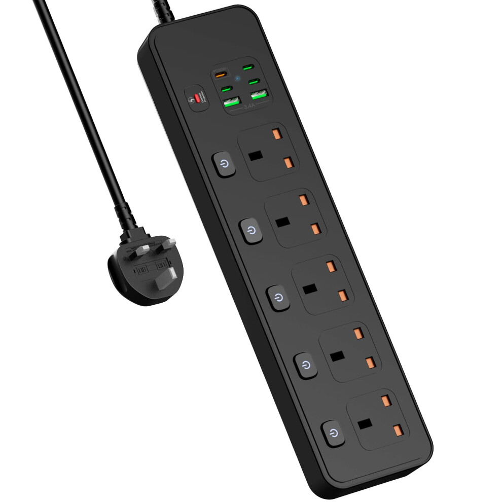 Bochlion Extension Lead Surge Protection, 5 Way Plug Power Strip With 6 Usb Slots, 3M Black 6978333591073
