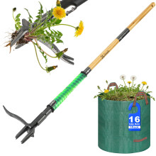Bamda Weed Remover Tool, Heavy Duty Weed Puller Root Remover with 4-Claw Steel Head & Dual-Eject Mechanism, 110.5cm Bamboo Long Handle Stand Up Weedin