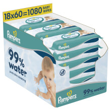 Pampers 99% Water Baby Wipes Plastic Free, 18 Packs of 60 Wipes = 1080 Baby Wet