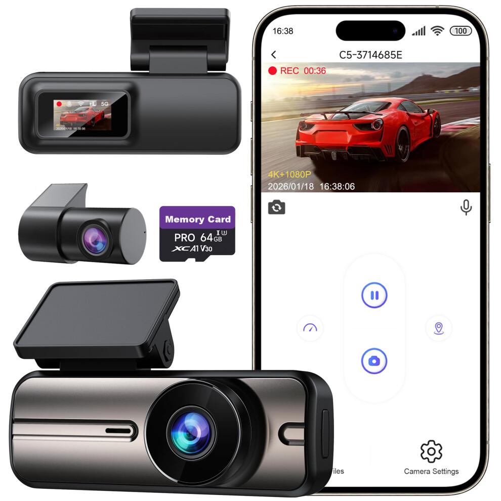 Dash Cam Front And Rear 4K+1080P, 5Ghz Wifi, Dual Dashcam With 64Gb Card, App Control, G-Sensor Emergency Recording, Loop Recording, 24H Parking Mode 743623221284