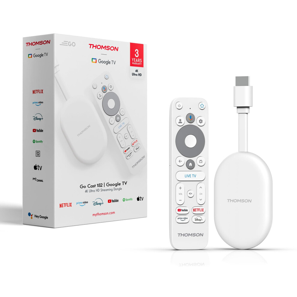 Thomson Go Cast 152 Streaming Dongle, 4K Uhd Google Tv, Voice Control, Google Cast, Dolby Atmos, Dolby Digital+, Hdr10, Portable, 2 Gb Ram, 32 Gb Stor 9120106664065
