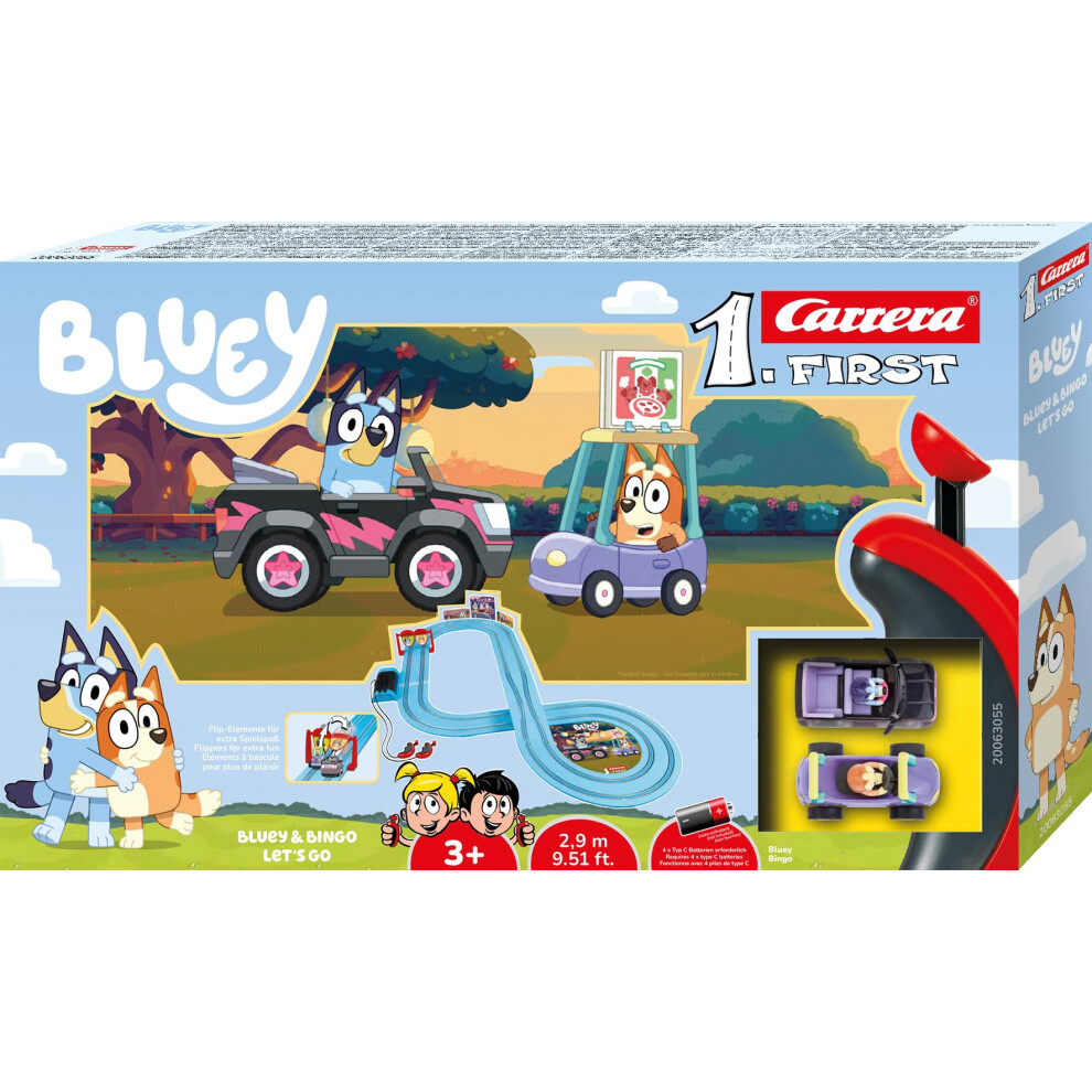 Carrera First 20063055 Bluey - Let's Go - First Slot Racing Track, For Children From 3 Years And Adults, 2.9 Metres, With Bluey & Bingo