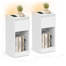 VASAGLE Slim Bedside Tables with Charging Station and LED Light, Set of 2 Narrow Side End Tables, USB Ports, Drawer and Open Compartment, for Bedroom,