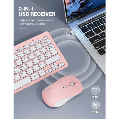 TeckNet TECKNET Mini Wireless Keyboard and Mouse Set, 2.4G Cordless USB, Pink 1