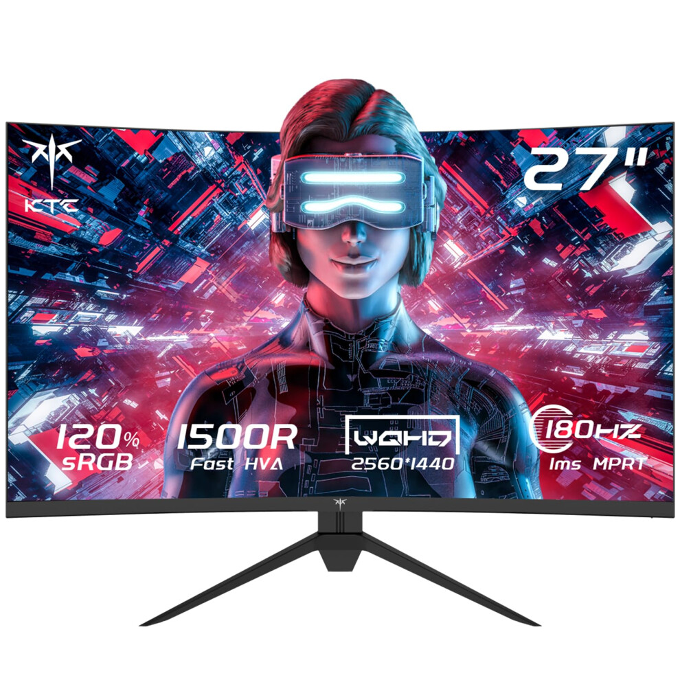 Ktc 27 Inch Qhd Curved Gaming Monitor, 2K@180Hz 1440P Monitor With 1500R Va Panel, 1Ms Mprt, Adaptive Sync, Hdr10, 132% Srgb, Vesa, Hmdi 2.0 / Dp 1.4 5481228260332