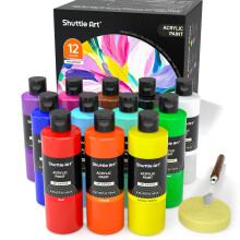 Shuttle Art 12 Colours Acrylic Paint, 250ml/8.45oz Bottles Acrylic Paint Set, Rich Pigments, Bulk Painting Supplies for Artists, Beginners and Kids on