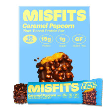 Misfits Vegan Protein Bars - Sweet & Salty Caramel Popcorn | 16 grams Protein | 1 gram Sugar | Plant-Based, Low Carb, High Fibre | No Palm Oil | Non-G