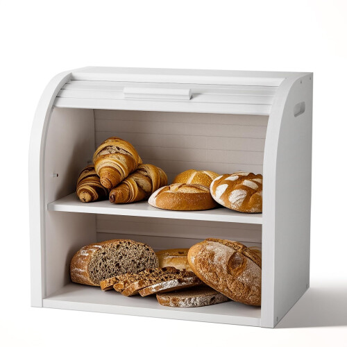 G.a HOMEFAVOR Bamboo Bread Bin 2-Layer Bread Box, Roll-Top Bread Storage for Kitchen with Removable Layer, Self Assembly, White
