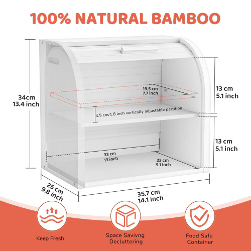 G.a HOMEFAVOR Bamboo Bread Bin 2-Layer Bread Box, Roll-Top Bread Storage for Kitchen with Removable Layer, Self Assembly, White 1