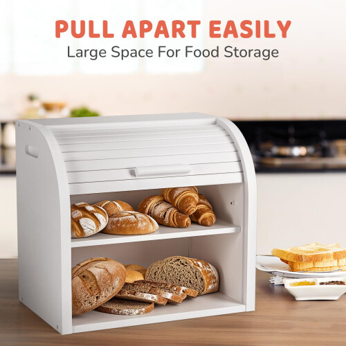 G.a HOMEFAVOR Bamboo Bread Bin 2-Layer Bread Box, Roll-Top Bread Storage for Kitchen with Removable Layer, Self Assembly, White 2