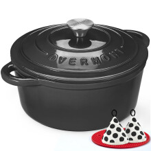 Overmont 26cm/5.2L Enamelled Cast Iron Round Casserole Dish With Lid,5.5QT, Cookbook -Non-stick Dutch Oven for Braising, Stews, Roasting, Bread Baking