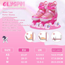 OLYSPM Roller Skates for Girls,Kids Skates with 4 Size Adjustable Fluorescent Uppers,Quad Skates with Light Up Wheels for Girls and Beginner(Pink)