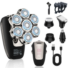 BarberBoss 7D Bald Head Shaver for Men: Magnetic Rotary Shaver, 5-in-1 Electric Groomer with LED Display, USB-C Charging, Beard & Nose Trimmer, All-in