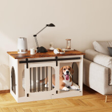 YDTOP XL Dog Crate Furniture, 100cm Wooden Dog Cage with Removable Cushion, Three Door Dog Crate with Barn Door, Indoor Dog Kennel, End Table, for Sma