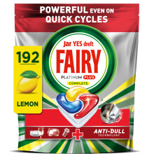 Fairy Platinum Plus Dishwasher Tablets Lemon, 192 Capsules, Impeccable Clean Even in Quick Cycles Without Pre-Wash, Anti-Dull Technology