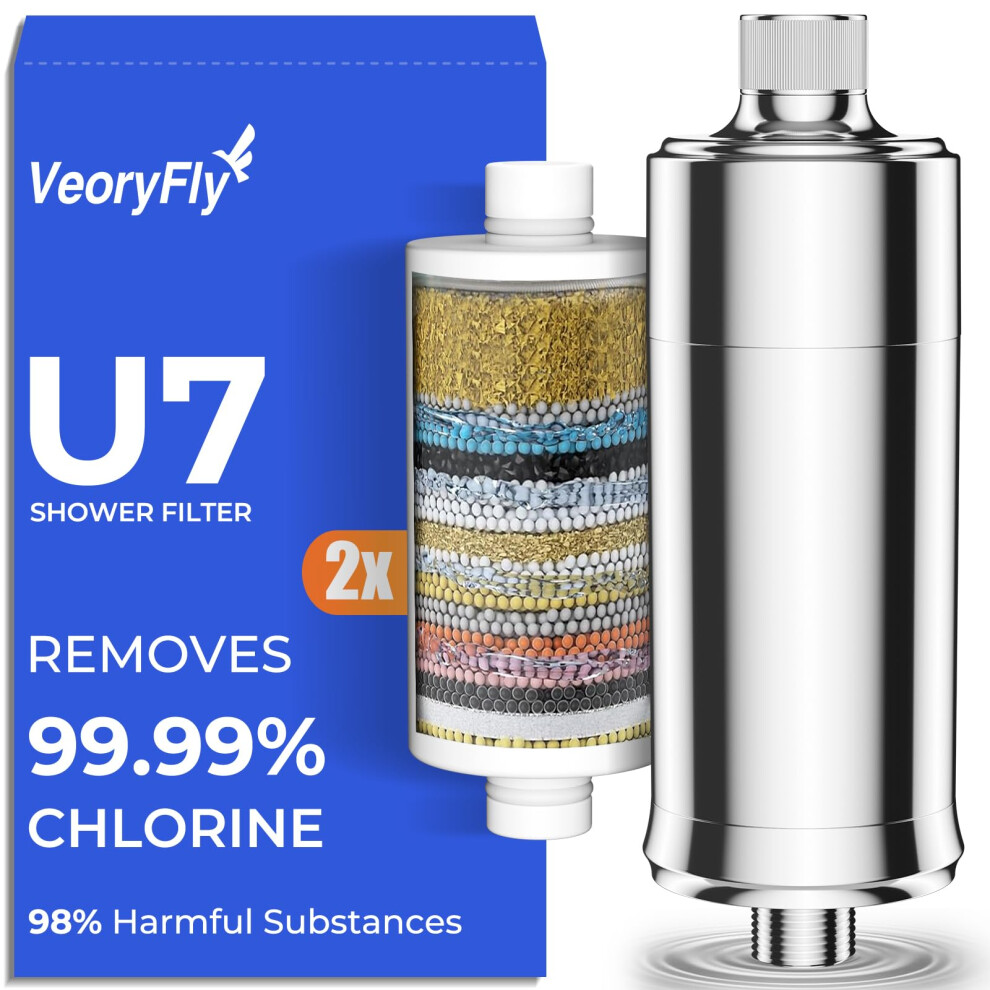 Veoryfly Shower Filter 99% Chlorine Removal With 2 Cartridges, Hard Water Softener Shower Head Filter To Improve Skin & Hair, Easy To Install 5051226962462