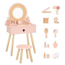 OOOK Kids Dressing Table, Pink Kids Vanity Table and Chair with 11 Pcs Wooden Makeup Set, Pretend Dresser Desk Chair Set, Girls Vanity for 3 Year Old