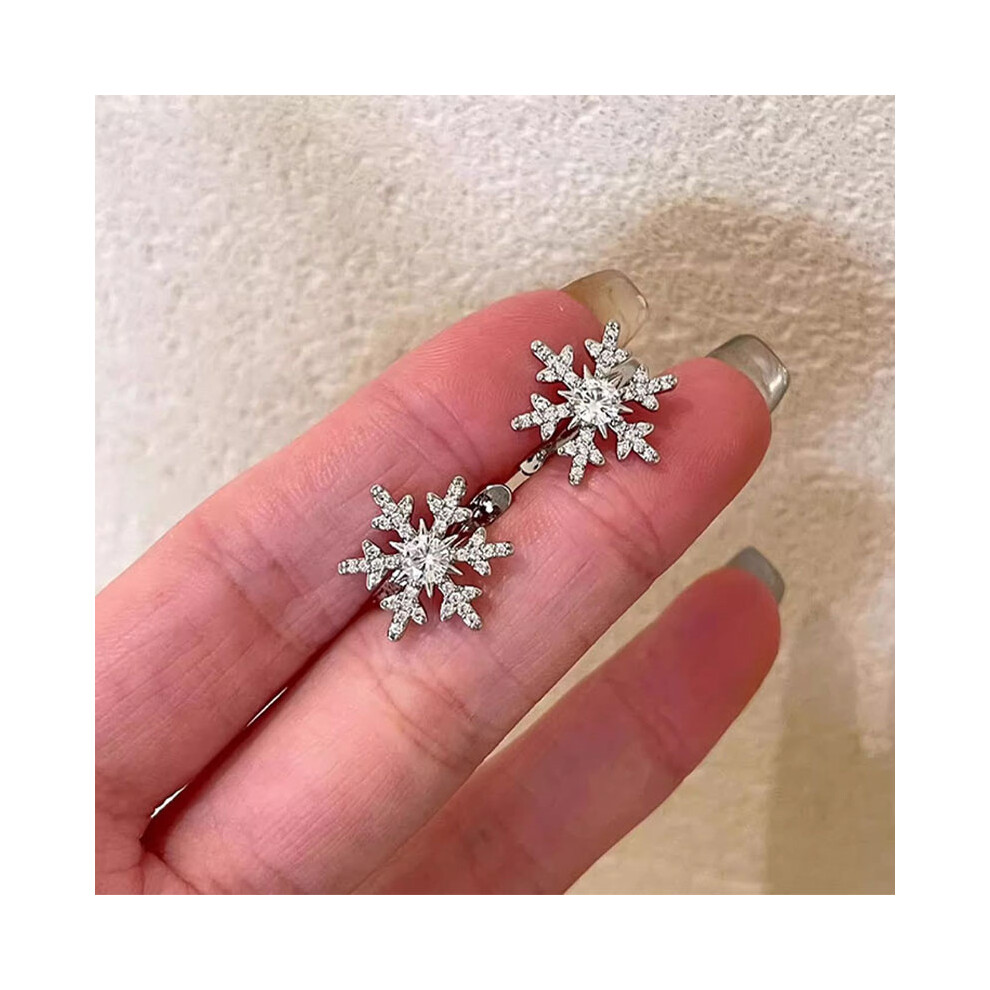 (2Pcs) Clip On Snowflake Crystal Studs Silver Snowflakes Stud Earrings ?Comfy Ear Clips 320997584896