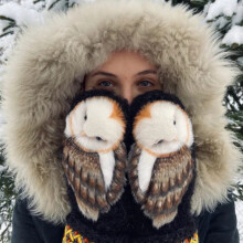 (Black) Owl cashmere gloves cute padded thick warm plush gloves ladies winter outdoor knitted gloves against cold